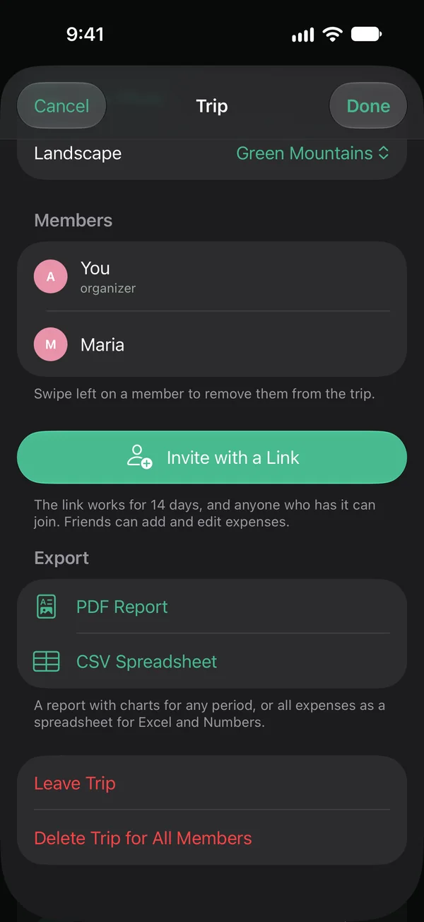 Trip members, the invite link and the PDF and CSV export