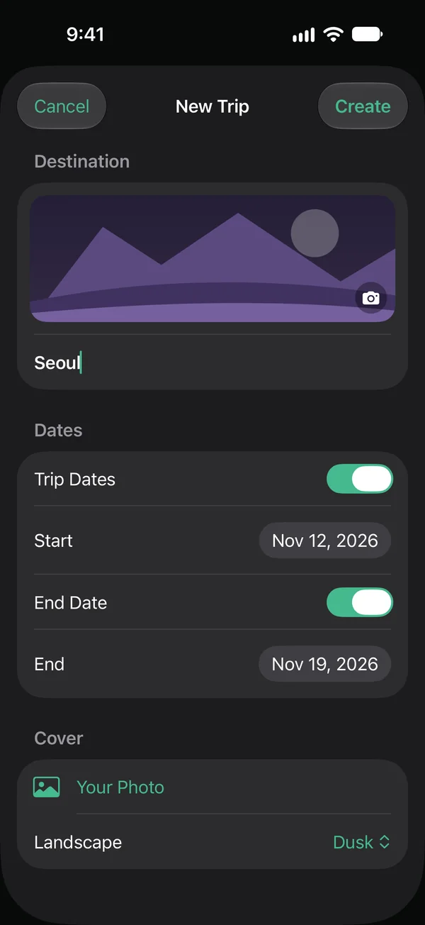Creating a new trip to Seoul: cover, dates and members